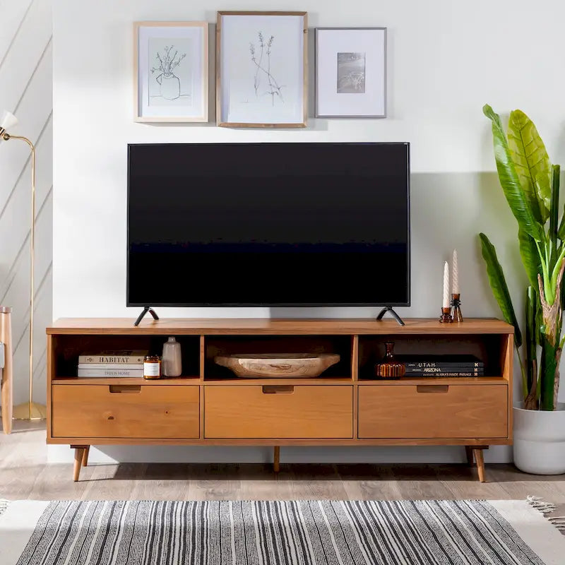 Walnut / Caramel / White Mid-Century TV Stand, Fits TVs up to 80"