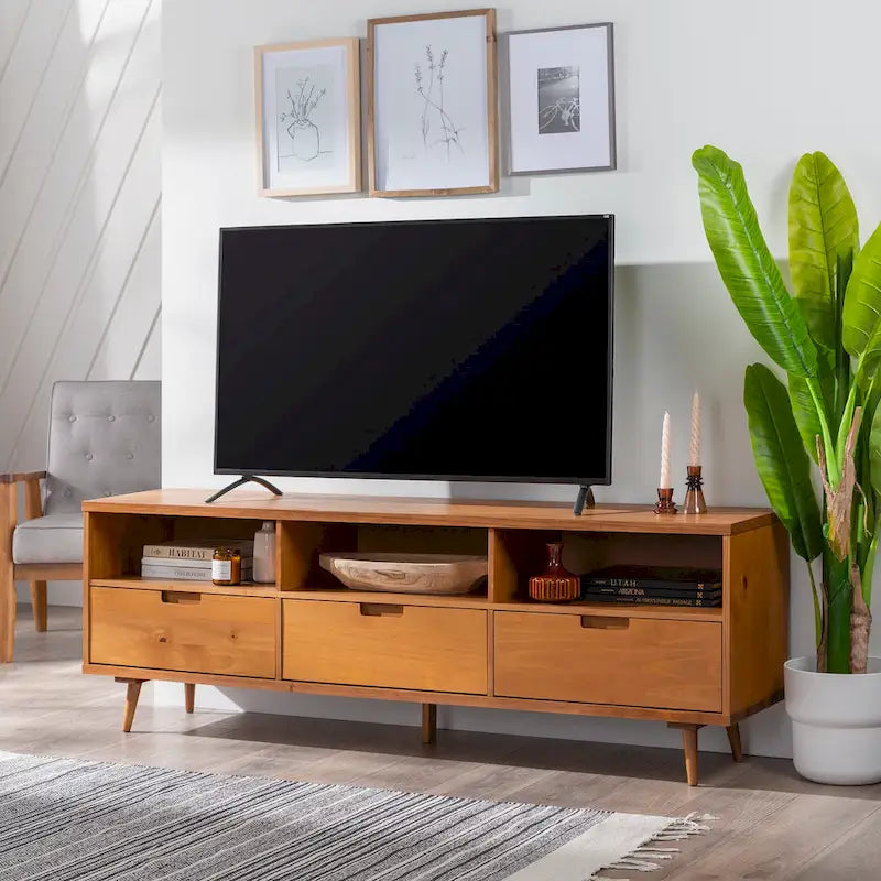 Walnut / Caramel / White Mid-Century TV Stand, Fits TVs up to 80"