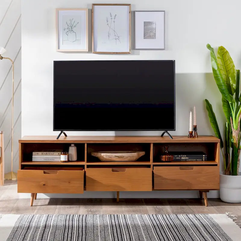 Walnut / Caramel / White Mid-Century TV Stand, Fits TVs up to 80"