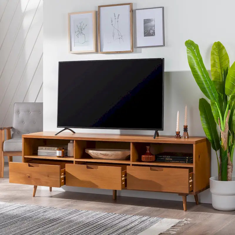 Walnut / Caramel / White Mid-Century TV Stand, Fits TVs up to 80"