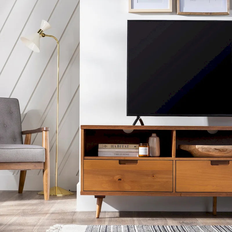 Walnut / Caramel / White Mid-Century TV Stand, Fits TVs up to 80"