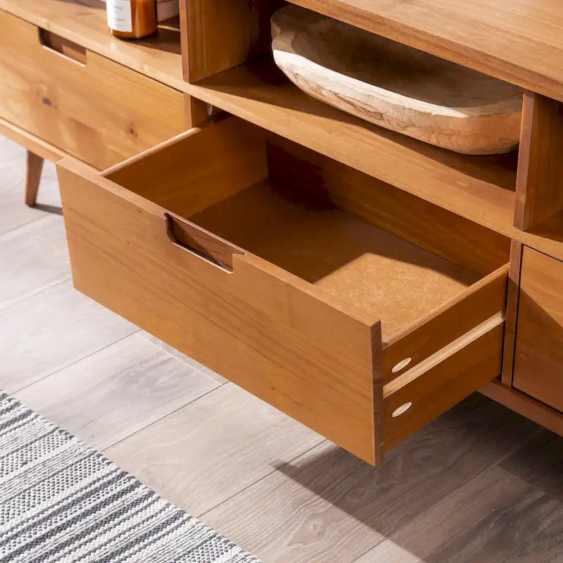 Walnut / Caramel / White Mid-Century TV Stand, Fits TVs up to 80"