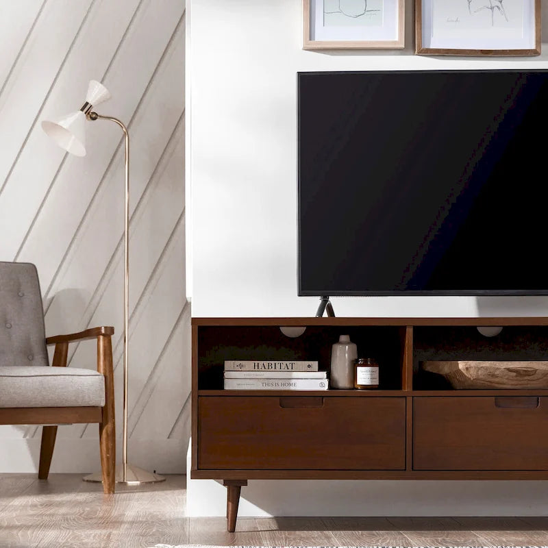 Walnut / Caramel / White Mid-Century TV Stand, Fits TVs up to 80"