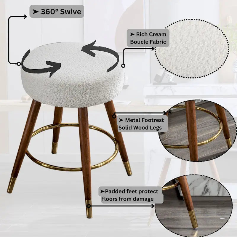 White Boucle Swivel Counter Stool, Single Seat