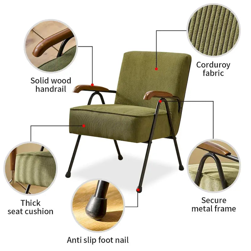 Green High-Back Accent Armchair with Metal Legs, Faux Leather, Single Seat