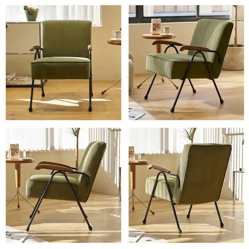 Green High-Back Accent Armchair with Metal Legs, Faux Leather, Single Seat