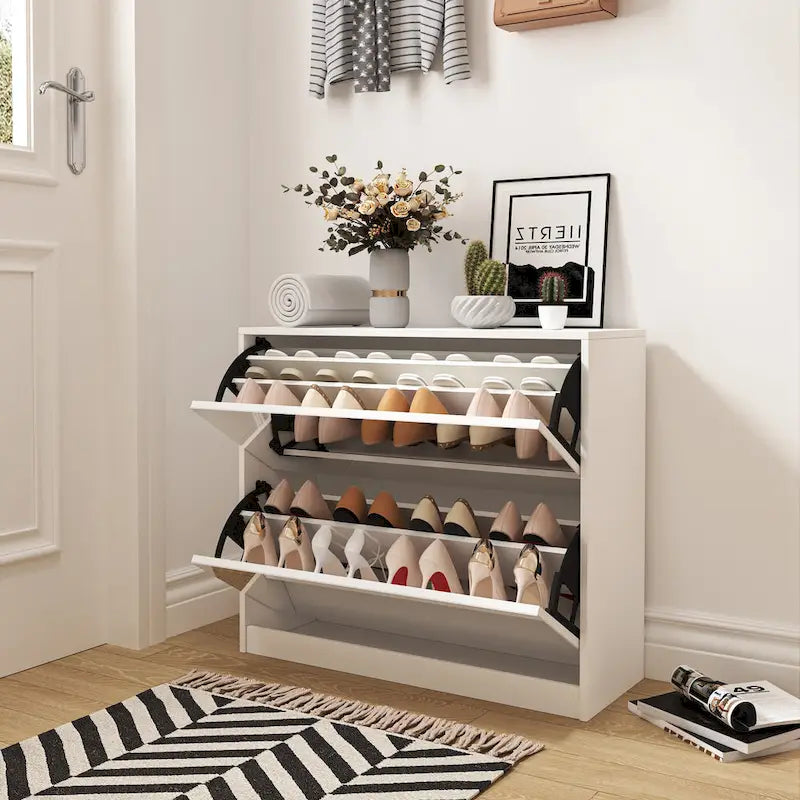 White Mirror-Door Shoe Cabinet, 6-Tier, Holds 18 Pairs