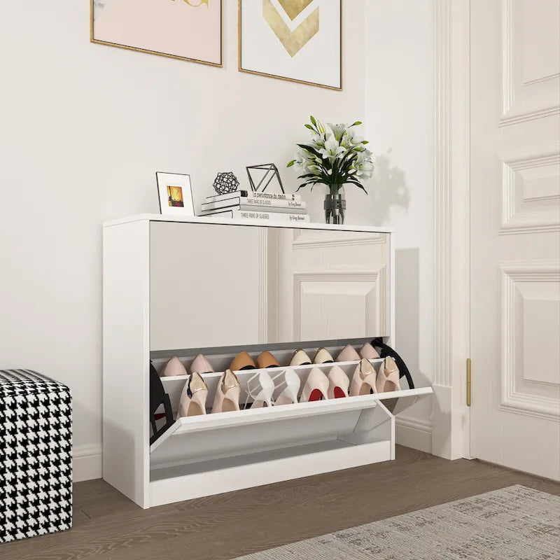 White Mirror-Door Shoe Cabinet, 6-Tier, Holds 18 Pairs