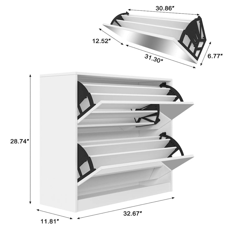 White Mirror-Door Shoe Cabinet, 6-Tier, Holds 18 Pairs