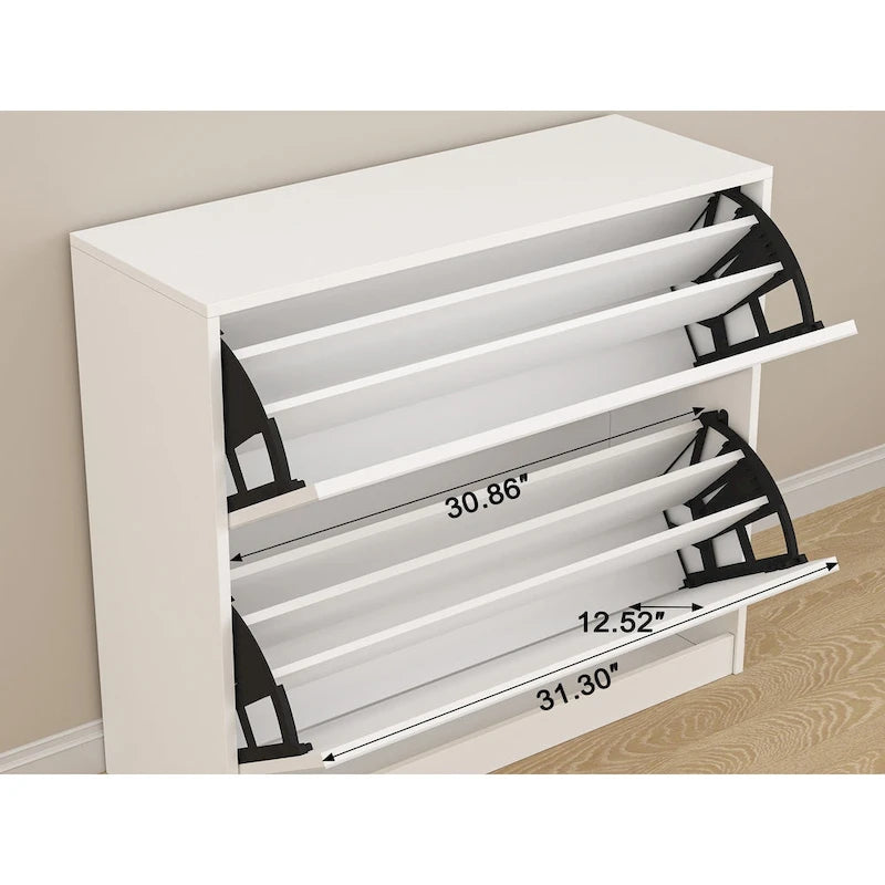White Mirror-Door Shoe Cabinet, 6-Tier, Holds 18 Pairs