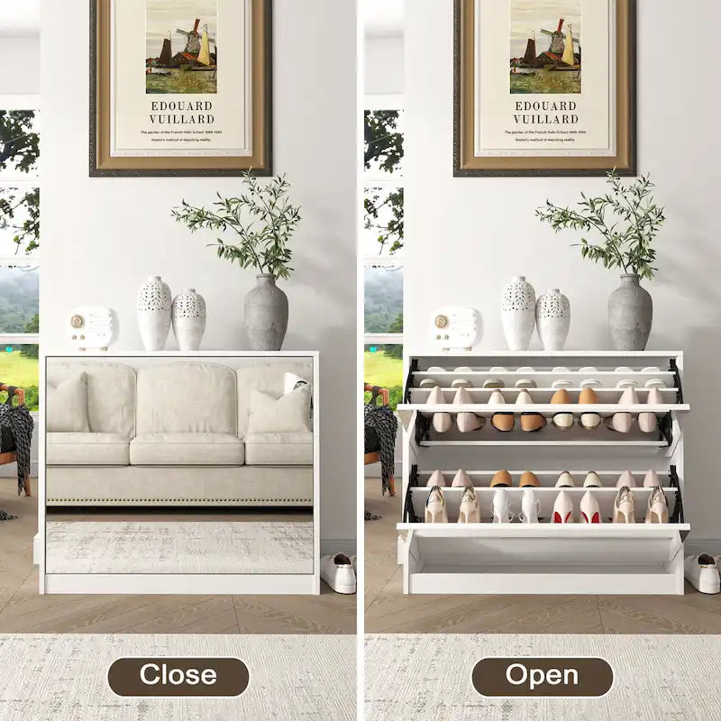 White Mirror-Door Shoe Cabinet, 6-Tier, Holds 18 Pairs