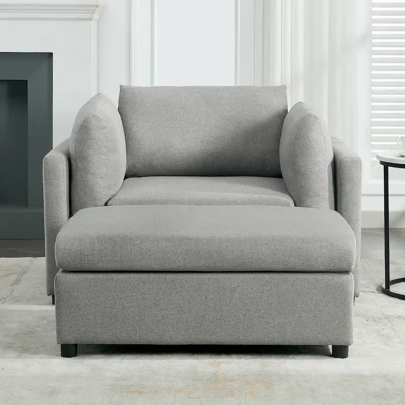 Light Grey / Dark Grey / Cream Linen Armchair with Ottoman, Single Seat