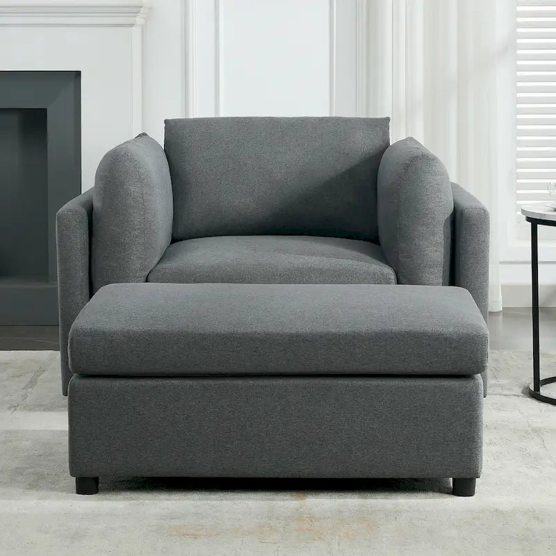 Fauteuil en lin gris clair / gris foncé / crème avec pouf, une place