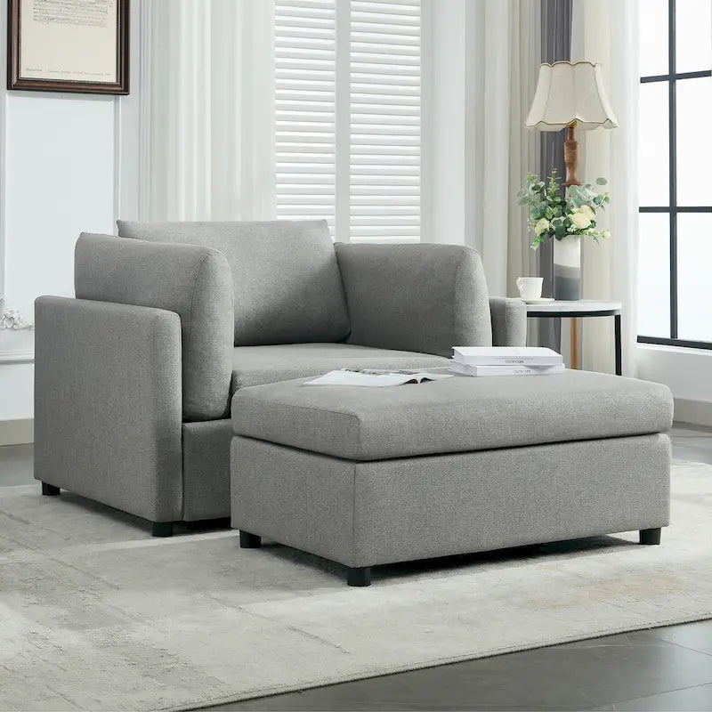 Light Grey / Dark Grey / Cream Linen Armchair with Ottoman, Single Seat
