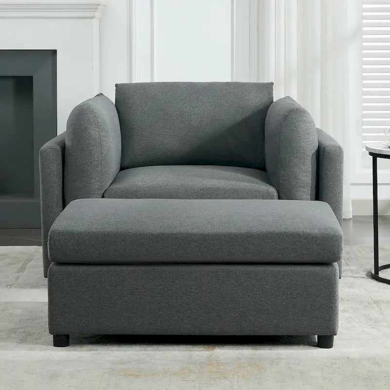 Light Grey / Dark Grey / Cream Linen Armchair with Ottoman, Single Seat