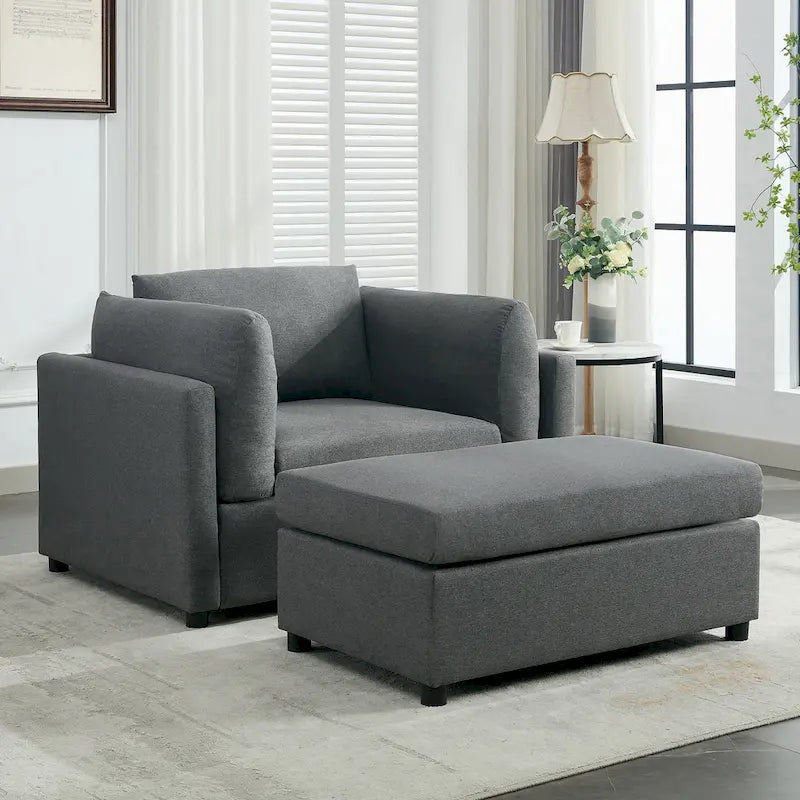Light Grey / Dark Grey / Cream Linen Armchair with Ottoman, Single Seat