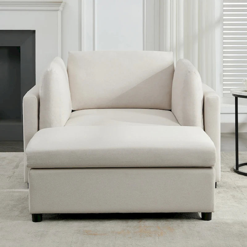 Light Grey / Dark Grey / Cream Linen Armchair with Ottoman, Single Seat
