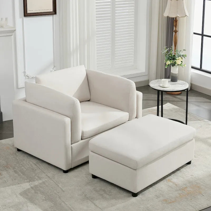 Light Grey / Dark Grey / Cream Linen Armchair with Ottoman, Single Seat