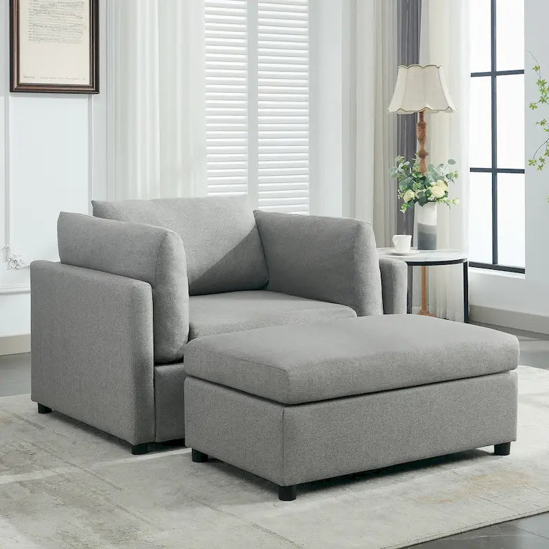 Light Grey / Dark Grey / Cream Linen Armchair with Ottoman, Single Seat