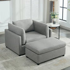 Light Grey / Dark Grey / Cream Linen Armchair with Ottoman, Single Seat