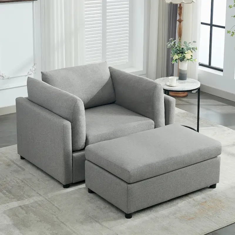 Light Grey / Dark Grey / Cream Linen Armchair with Ottoman, Single Seat