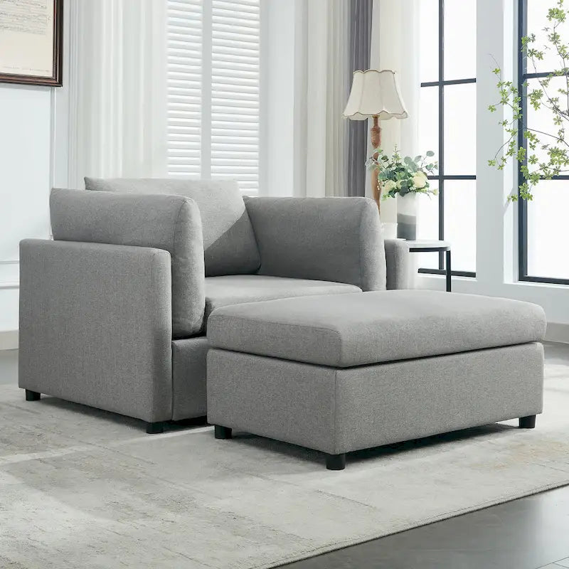 Light Grey / Dark Grey / Cream Linen Armchair with Ottoman, Single Seat