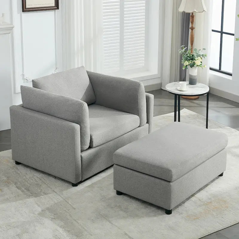 Light Grey / Dark Grey / Cream Linen Armchair with Ottoman, Single Seat