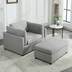 Light Grey / Dark Grey / Cream Linen Armchair with Ottoman, Single Seat