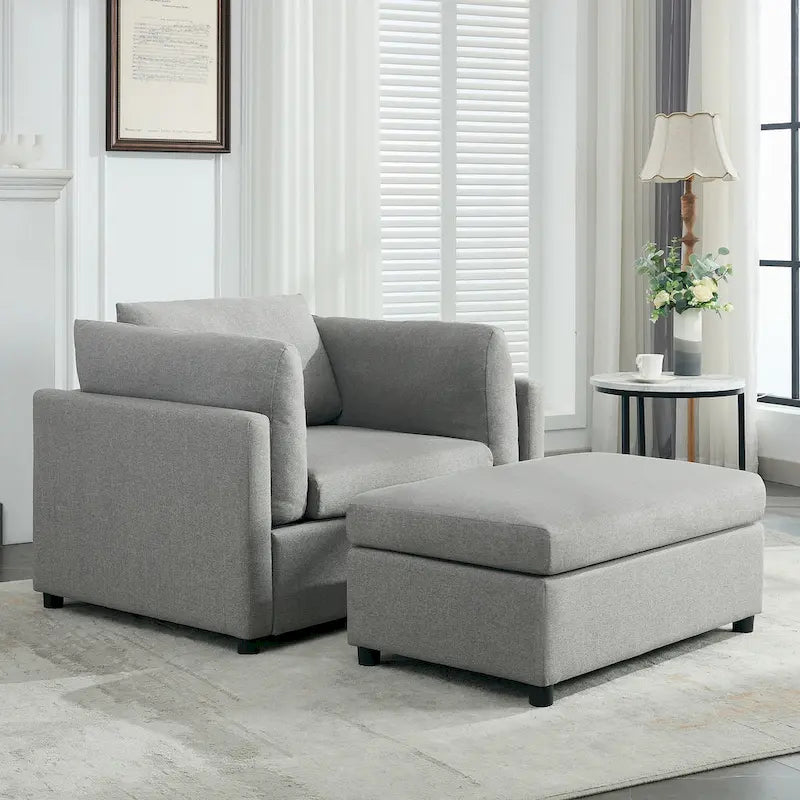 Light Grey / Dark Grey / Cream Linen Armchair with Ottoman, Single Seat
