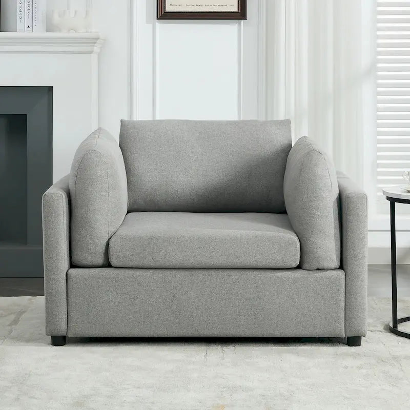 Light Grey / Dark Grey / Cream Linen Armchair with Ottoman, Single Seat