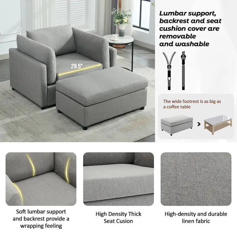 Light Grey / Dark Grey / Cream Linen Armchair with Ottoman, Single Seat