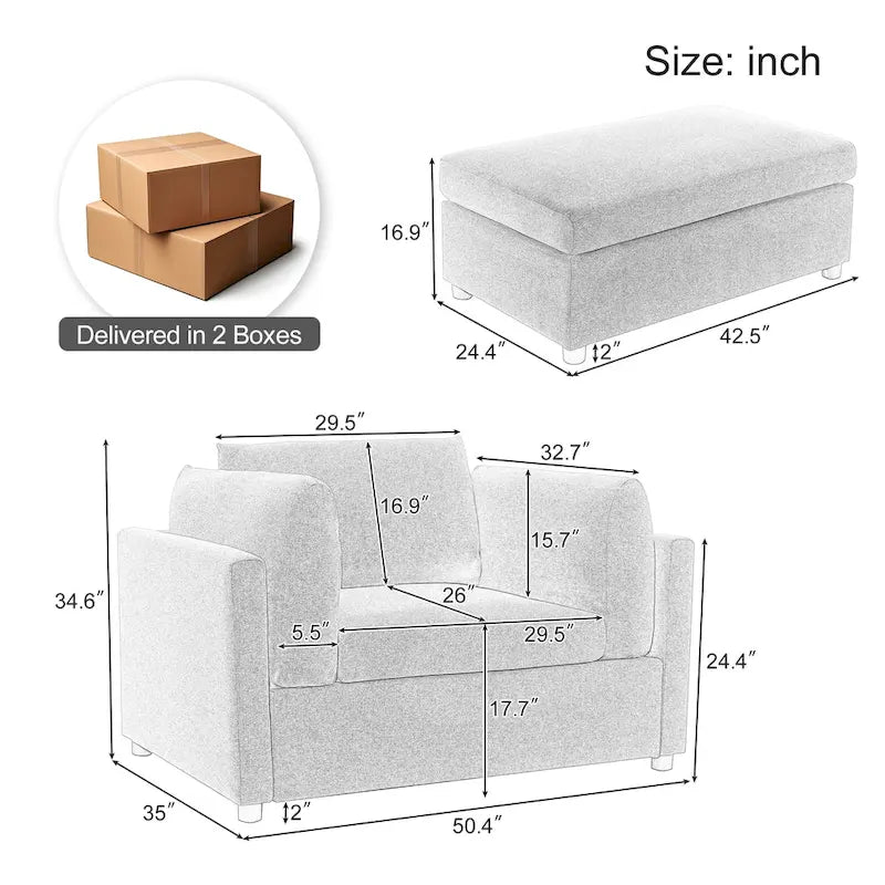 Light Grey / Dark Grey / Cream Linen Armchair with Ottoman, Single Seat
