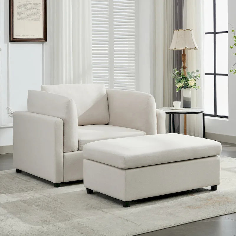 Light Grey / Dark Grey / Cream Linen Armchair with Ottoman, Single Seat