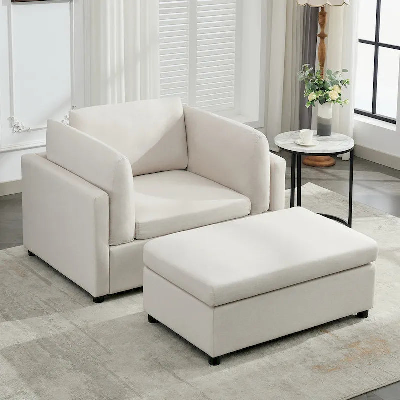 Light Grey / Dark Grey / Cream Linen Armchair with Ottoman, Single Seat