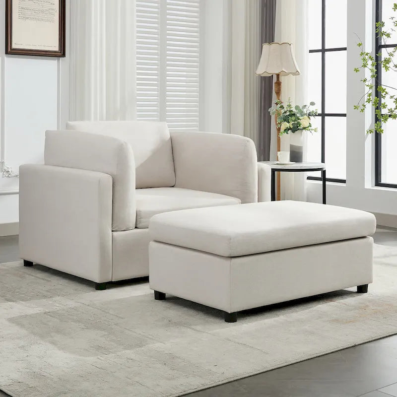 Light Grey / Dark Grey / Cream Linen Armchair with Ottoman, Single Seat