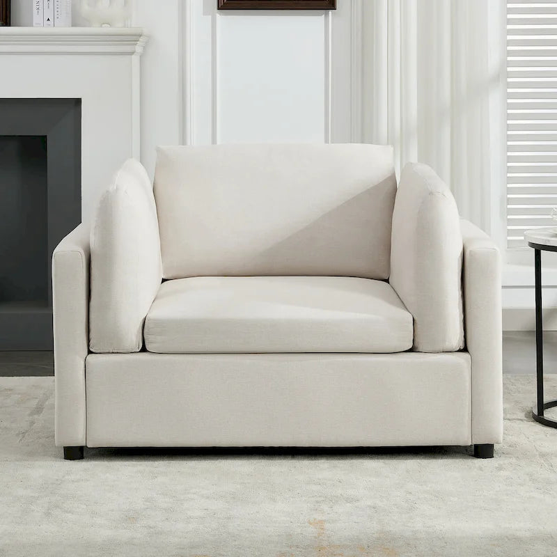 Light Grey / Dark Grey / Cream Linen Armchair with Ottoman, Single Seat