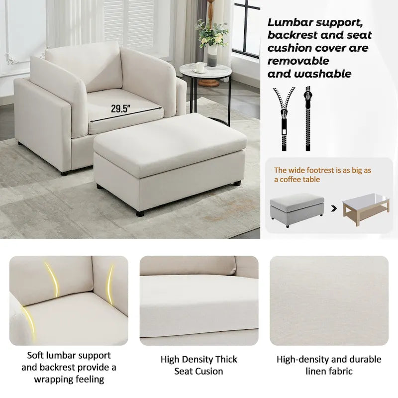 Light Grey / Dark Grey / Cream Linen Armchair with Ottoman, Single Seat