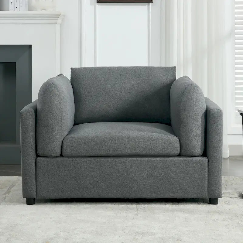 Light Grey / Dark Grey / Cream Linen Armchair with Ottoman, Single Seat