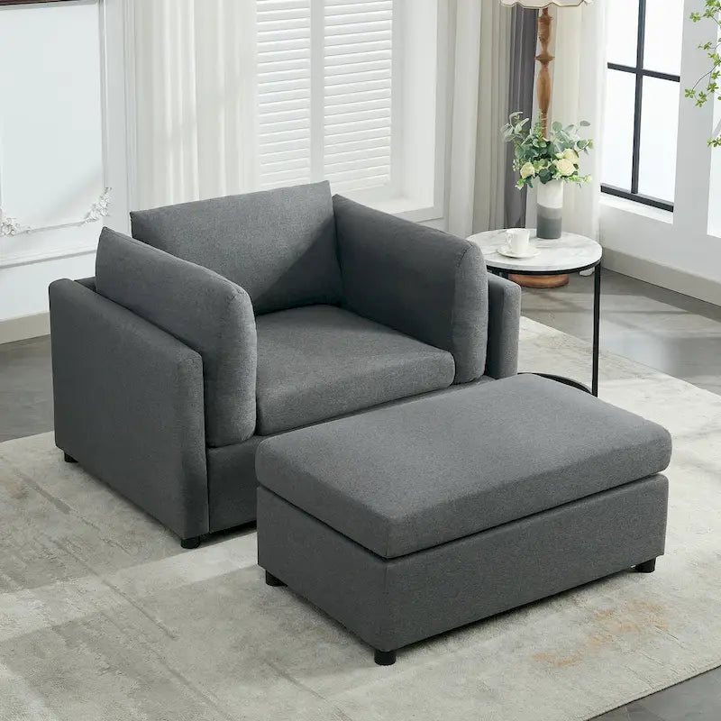 Light Grey / Dark Grey / Cream Linen Armchair with Ottoman, Single Seat
