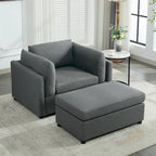 Light Grey / Dark Grey / Cream Linen Armchair with Ottoman, Single Seat