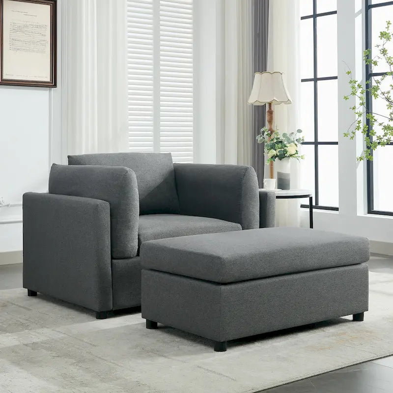 Light Grey / Dark Grey / Cream Linen Armchair with Ottoman, Single Seat