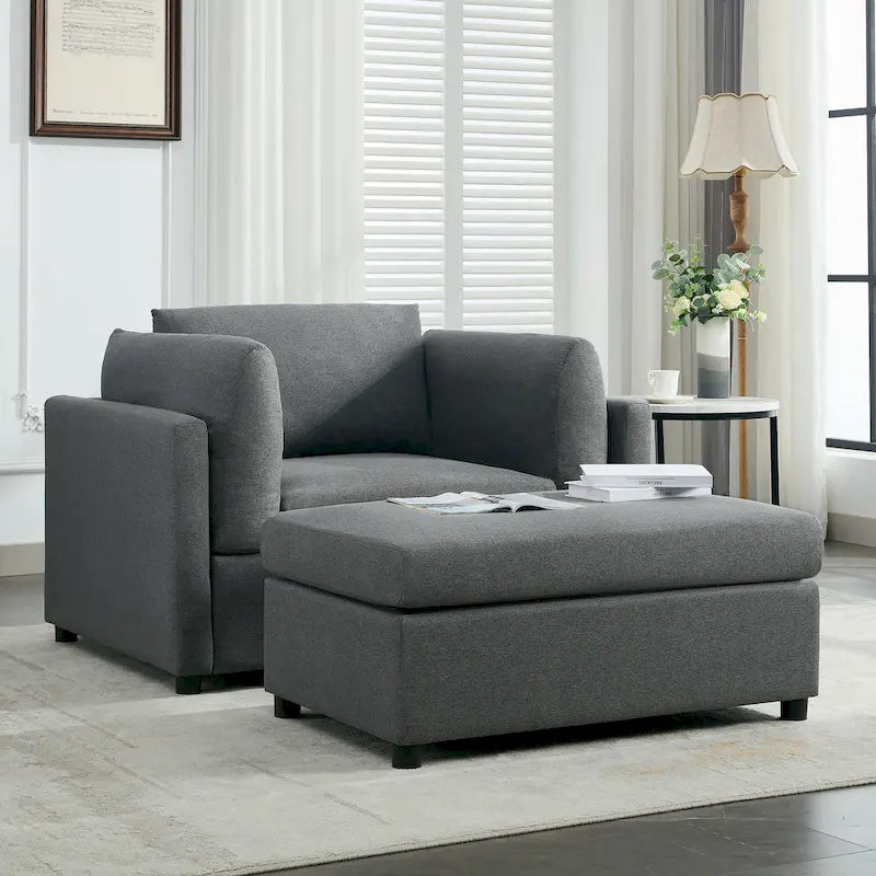 Light Grey / Dark Grey / Cream Linen Armchair with Ottoman, Single Seat