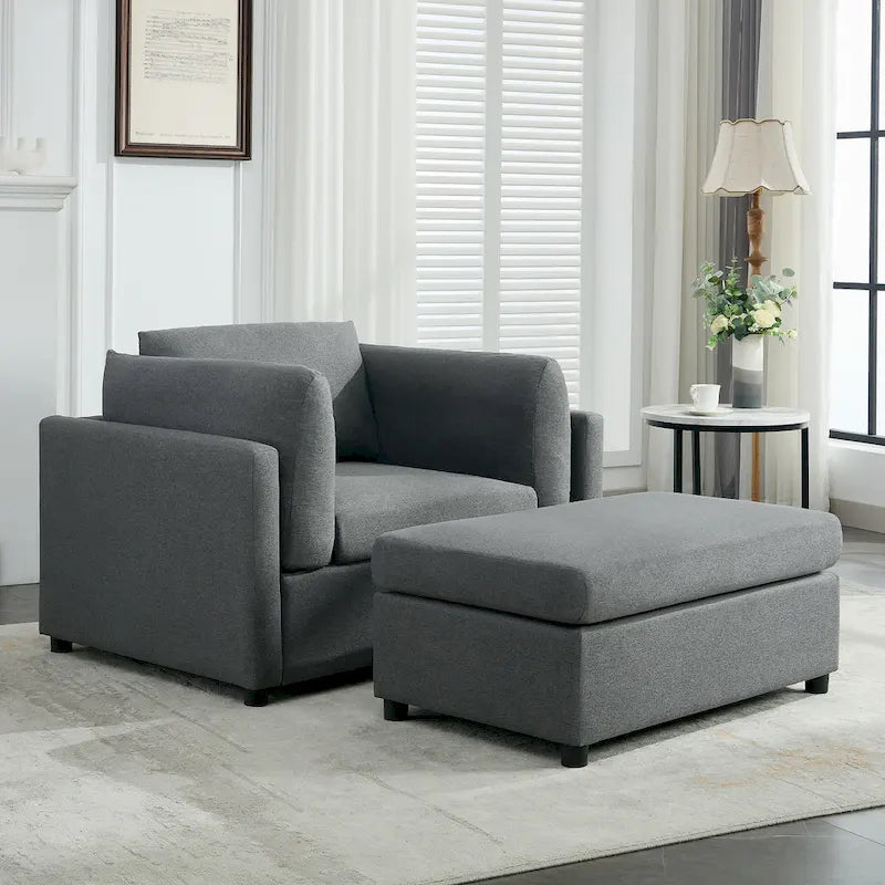 Light Grey / Dark Grey / Cream Linen Armchair with Ottoman, Single Seat