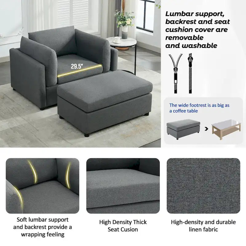 Light Grey / Dark Grey / Cream Linen Armchair with Ottoman, Single Seat