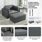 Light Grey / Dark Grey / Cream Linen Armchair with Ottoman, Single Seat