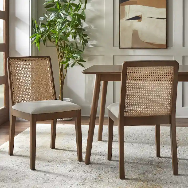 Walnut/Beige Cane Back Dining Chair, Mid-Century Style, Set of 2