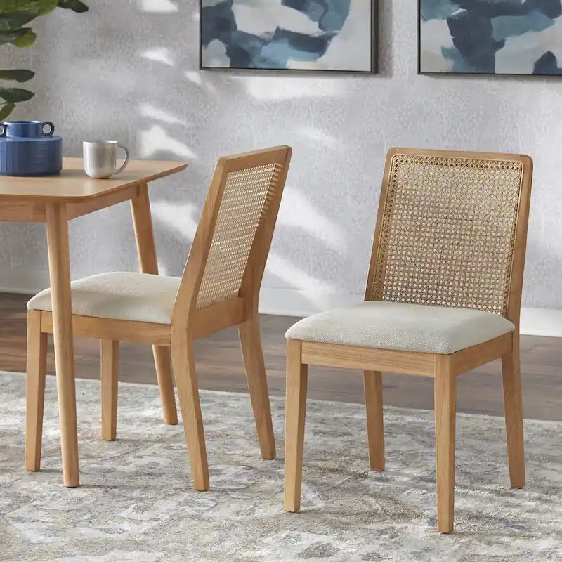 Walnut/Beige Cane Back Dining Chair, Mid-Century Style, Set of 2