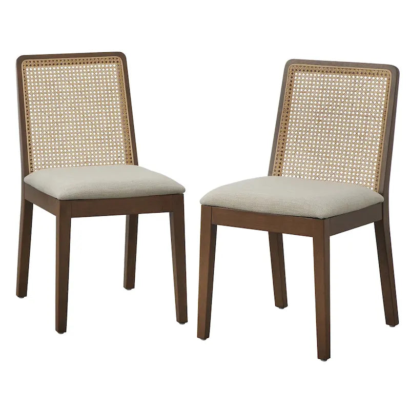 Walnut/Beige Cane Back Dining Chair, Mid-Century Style, Set of 2