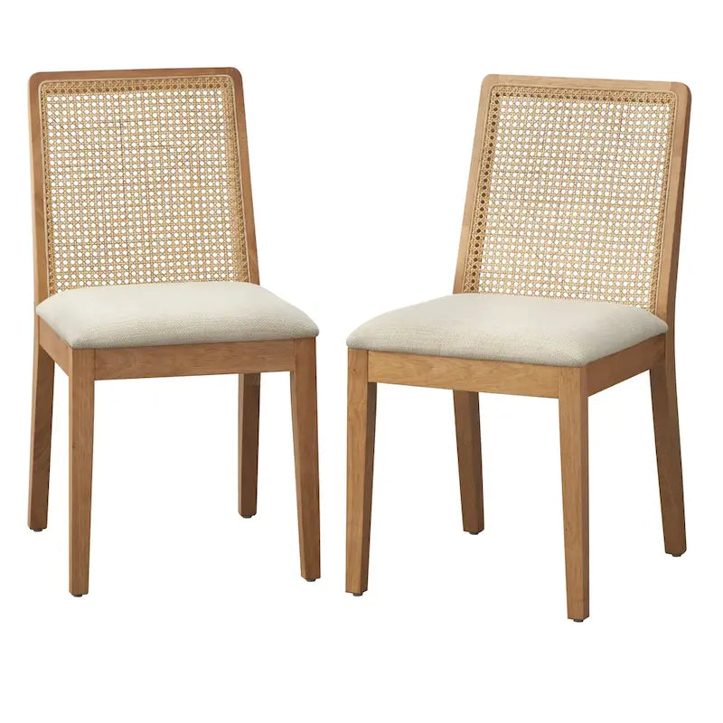 Walnut/Beige Cane Back Dining Chair, Mid-Century Style, Set of 2
