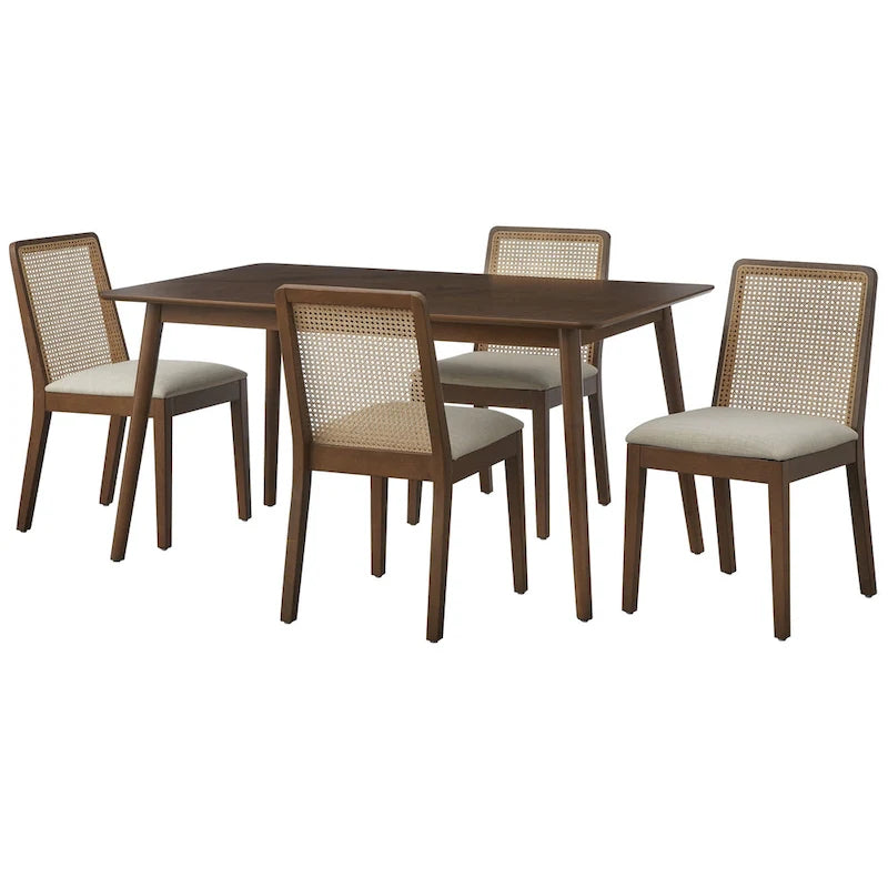 Walnut/Beige Cane Back Dining Chair, Mid-Century Style, Set of 2